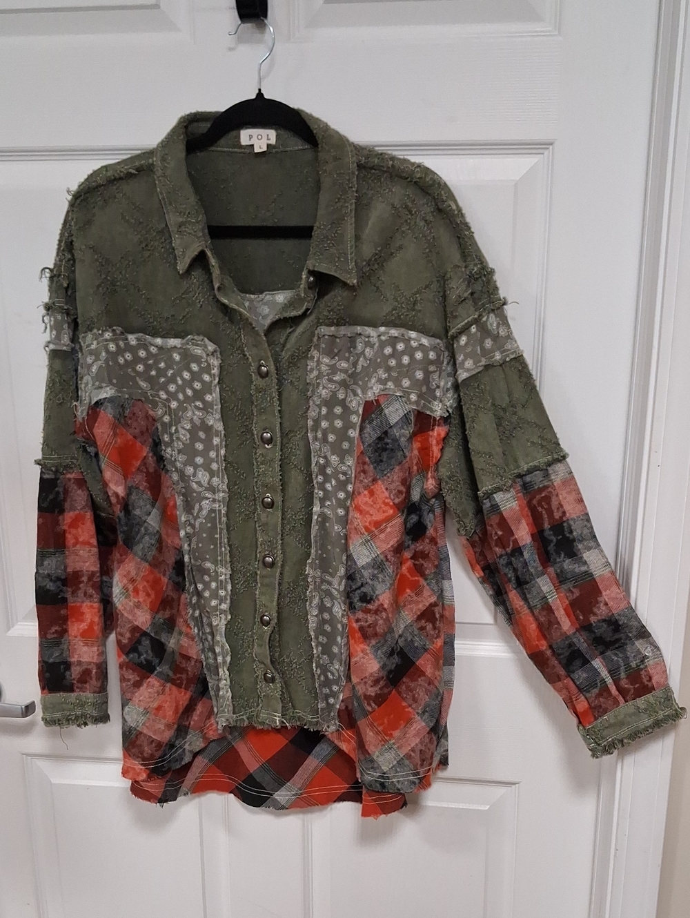 POL Olive & Red Plaid Patchwork Shirt Jacket